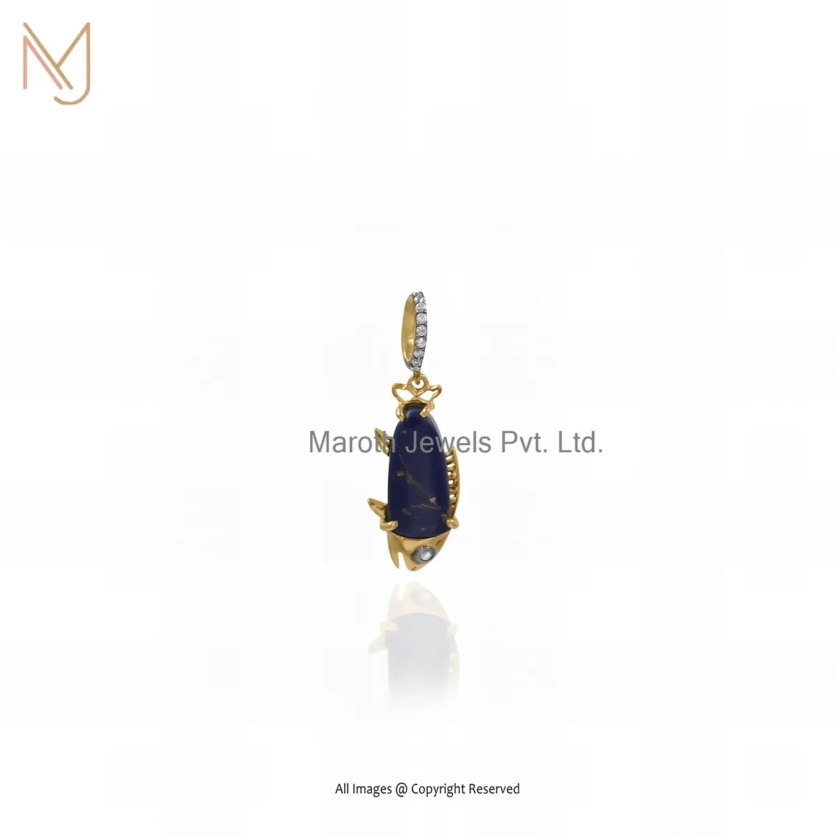 Private Lable 14K Yellow Gold Cubic Zircon & Lapiz Lazuli Gemstone Fish Charm Pendant