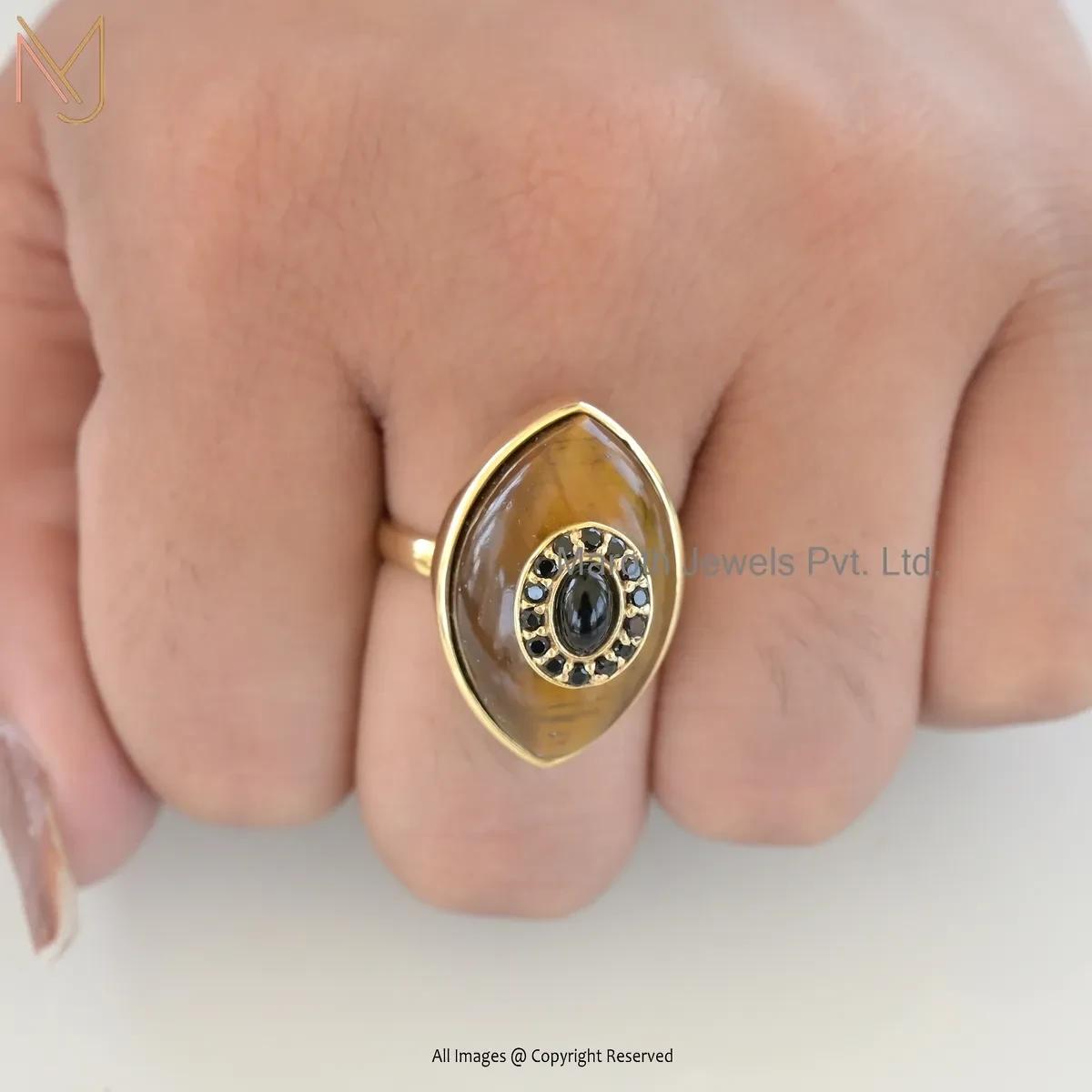 Private Lable 14K Yellow Gold Tiger Eye And Cubic Zircon Evil Eye Ring
