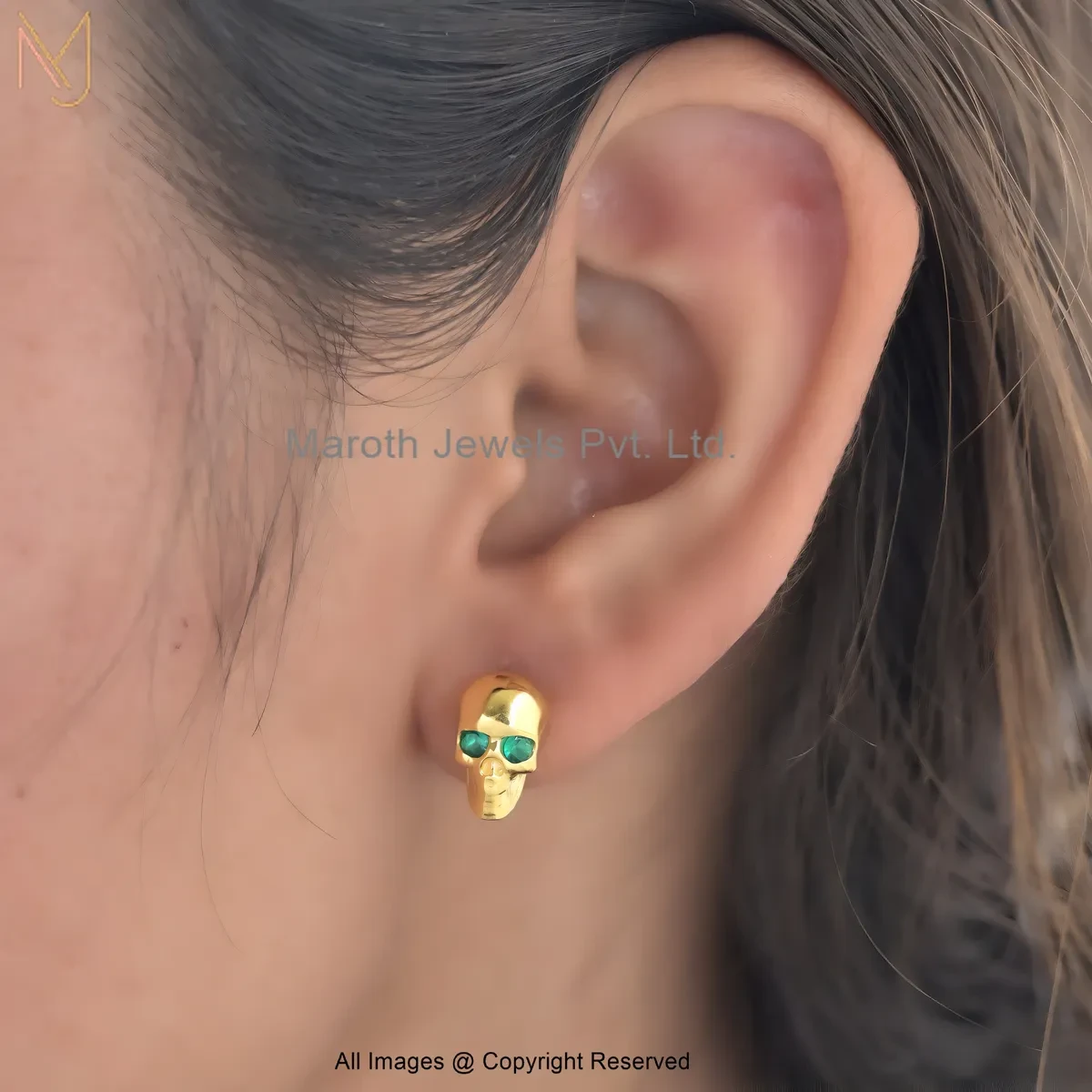 14K Yellow Gold Gemstone Skull Stud Earring Jewelry Supplier