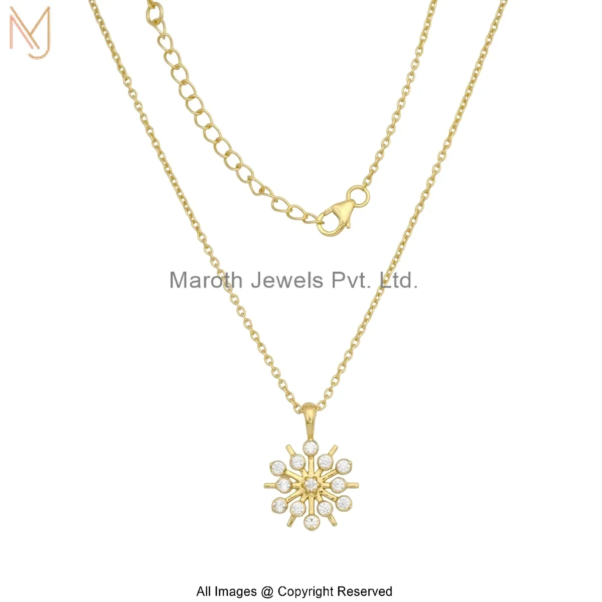 925 Silver Yellow Gold Plated Cubic Zircon Snowflake OR Flower-Shaped Design Necklace Manufacturer