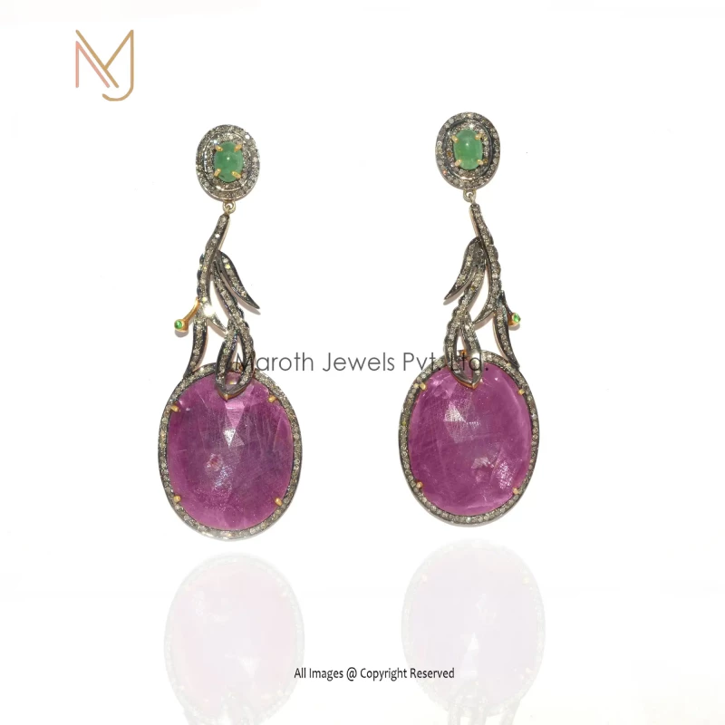 92.5 Silver Rhodium Yellow Gold Plated Pave Diamond Ruby Gemstone Emerald Gemstone Earrings