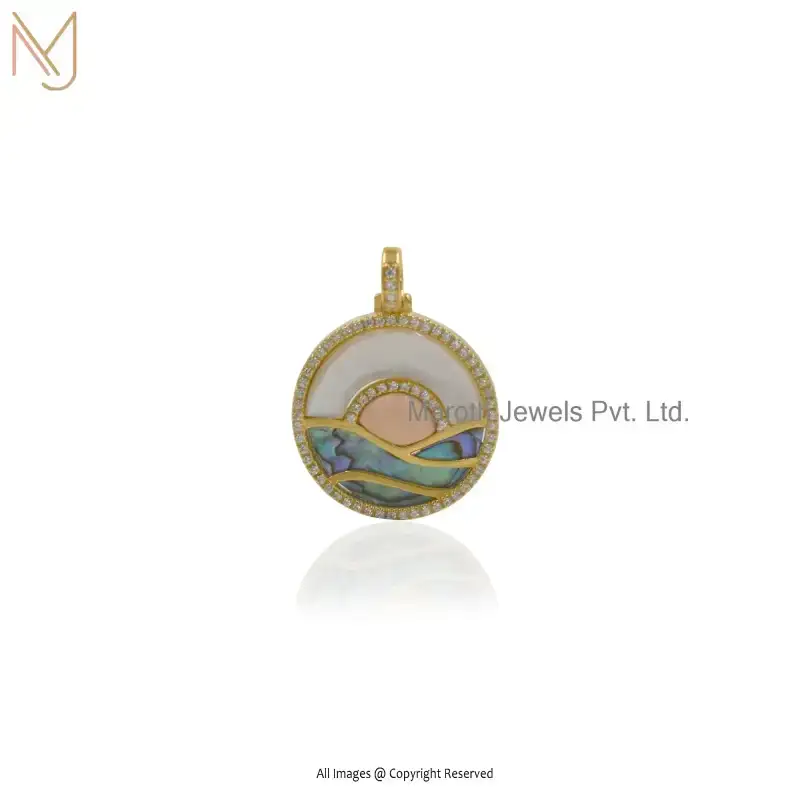925 Silver Yellow Gold Plated Mother OF Pearl Pink Opal Cubic Zircon Round Gemstone Pendant Jewelry Supplier