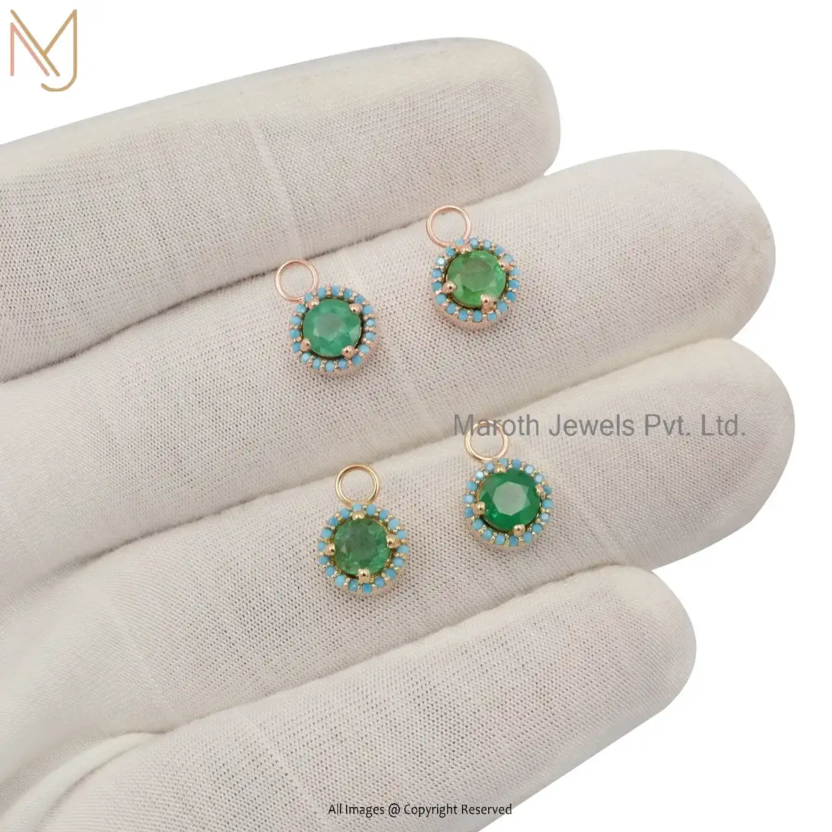 Private Lable 14K Rose Gold Emerald And Green Emerald Huggie Charms Pendant