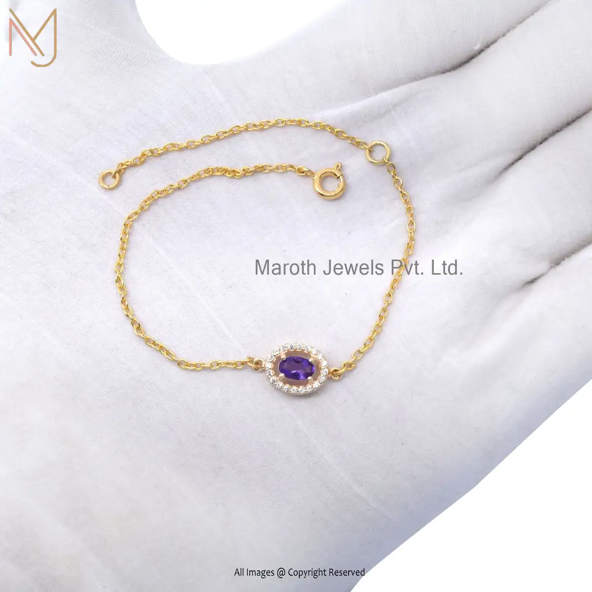 Wholesale 14k Yellow Gold Oval Cubic Zircon & Amethyst Gemstone Chain Bracelet Jewelry