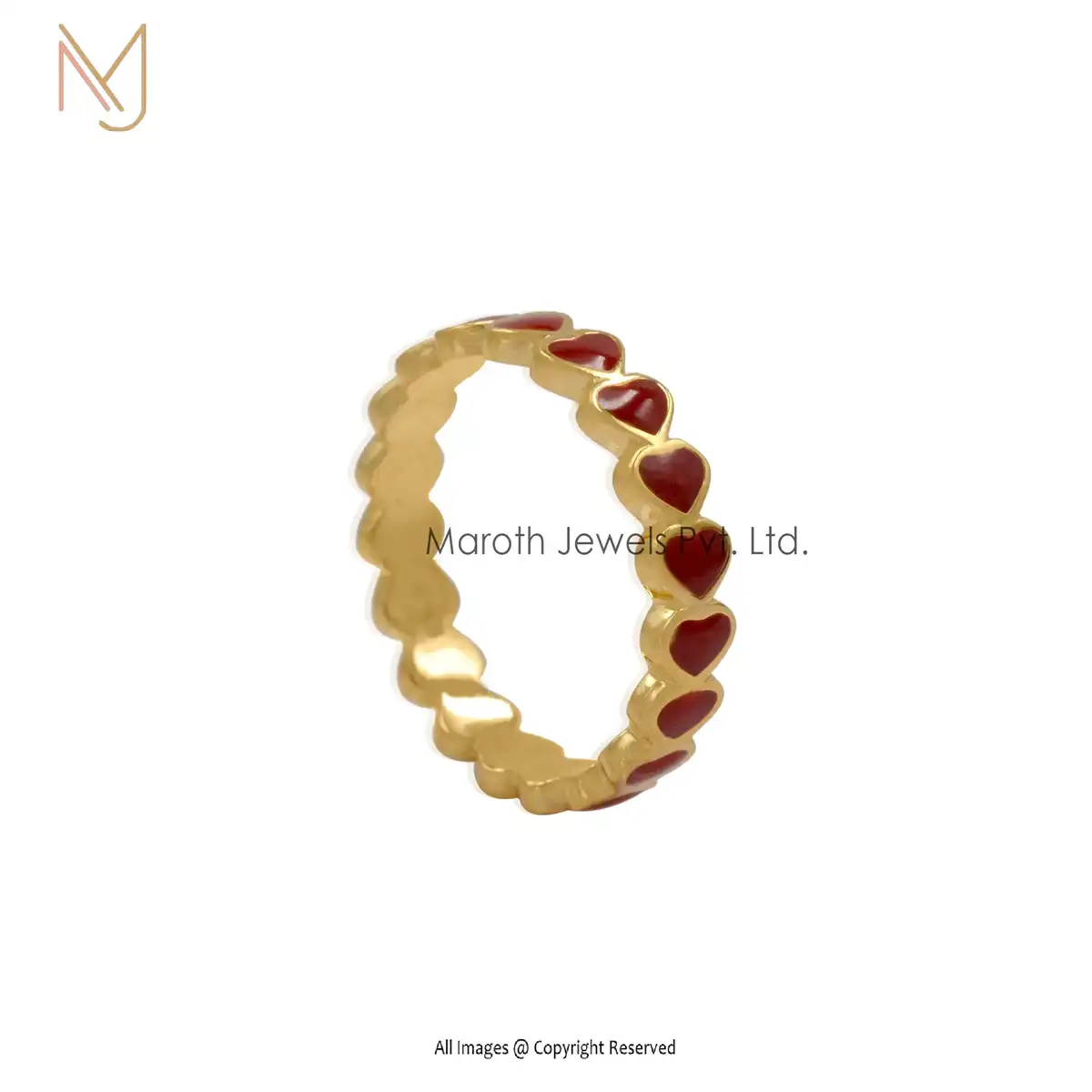 Wholesale 14k Yellow Gold Plated Red Enamel Heart Band Ring