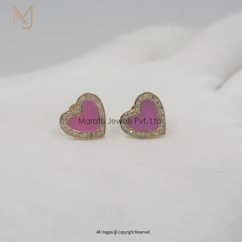 14K Yellow Gold Diamond & Pink Enamel Heart Design Studs Earrings