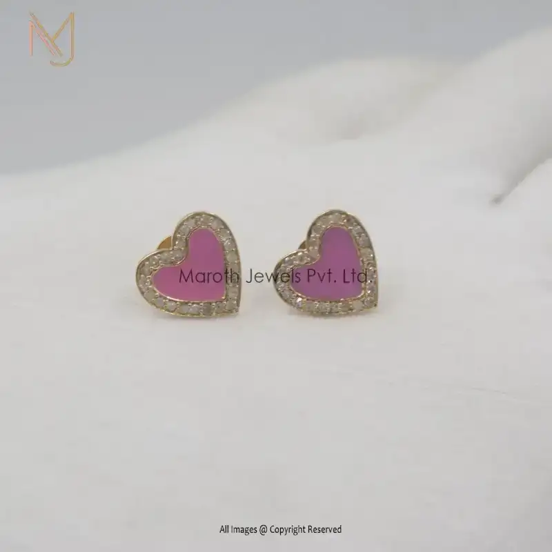 14K Yellow Gold Diamond & Pink Enamel Heart Design Studs Earrings Manufacturer