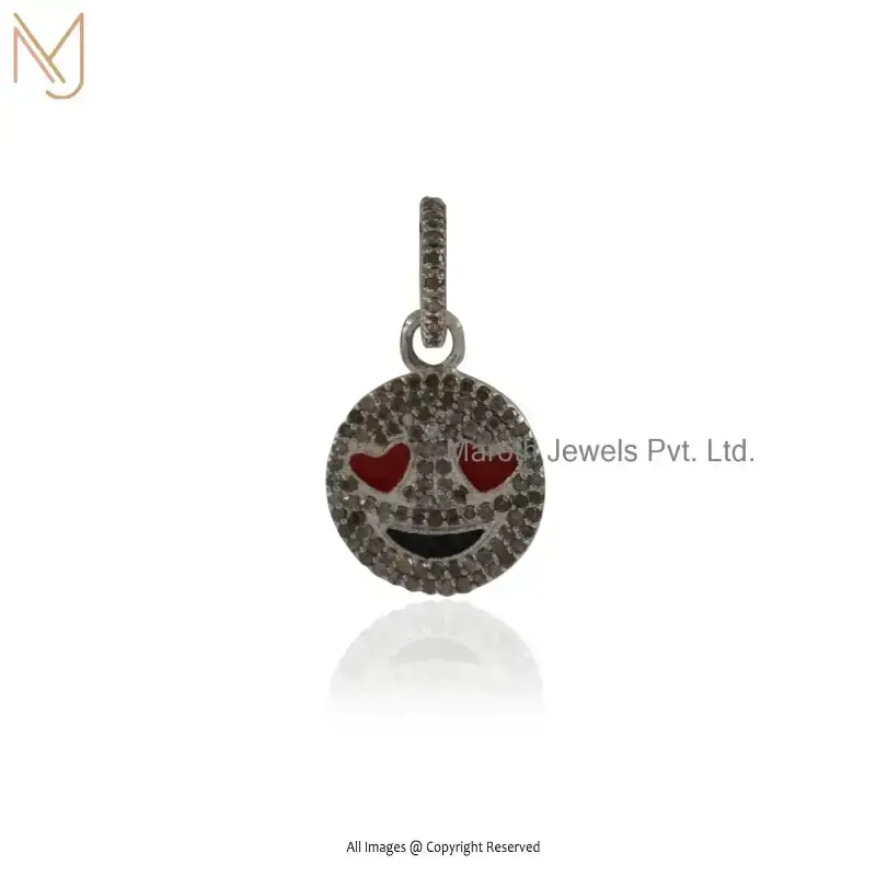 925 Silver Natural Silver Plated Diamond Black And Red Enamel Smiley Gemstone Hip Hop Emoji Pendant USA
