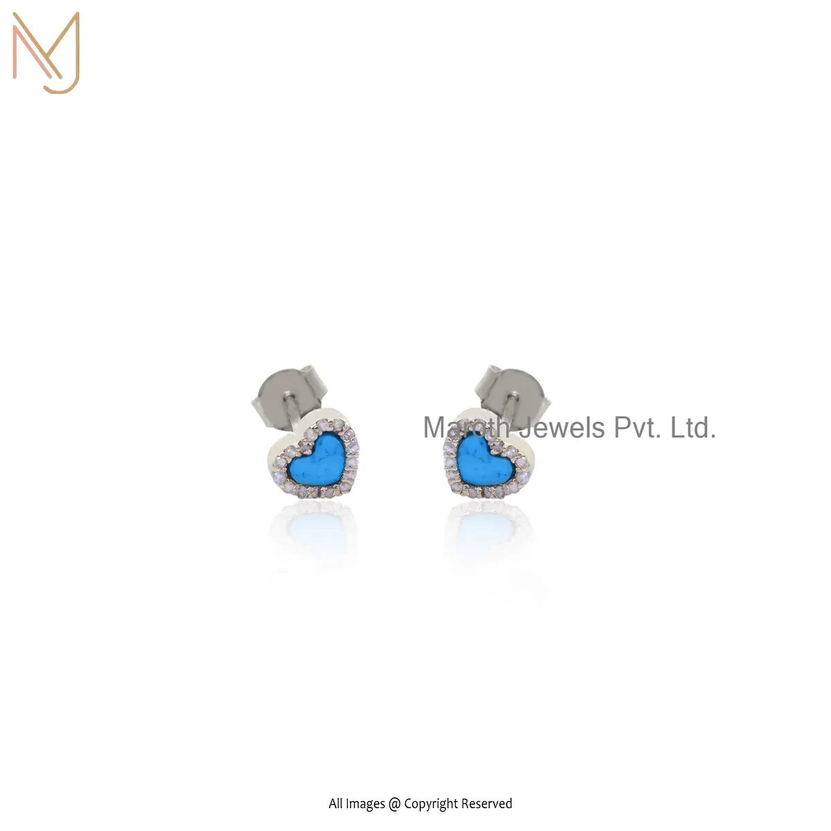 925 Silver Yellow Gold Plated Diamond And Turquoise Gemstone Heart Stud Earring Manufacturer