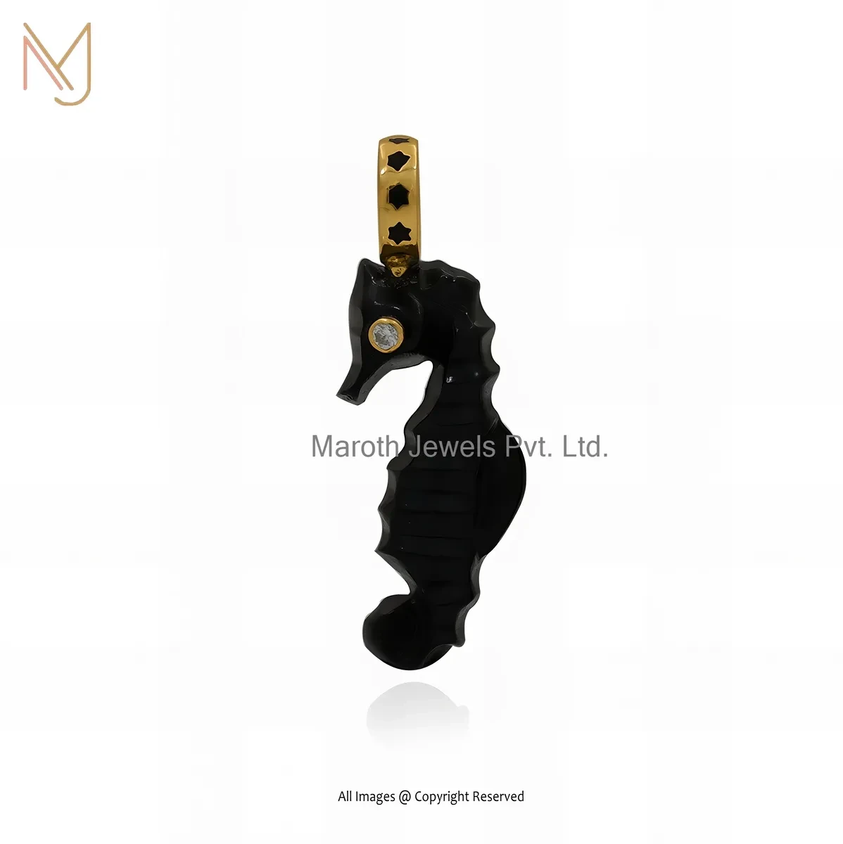 14K Yellow Gold Diamond And Black Onxy & CZ Black Enamel Seahorse Pendant USA