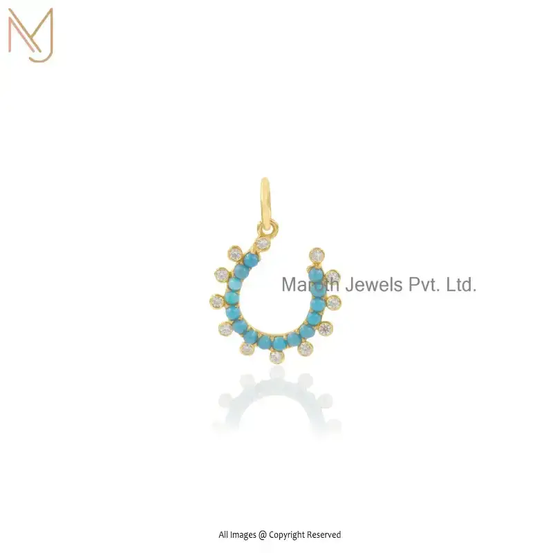 925 Silver Yellow Gold Plated Emerald & Moissanite Beautiful Horseshoe Gemstone Pendant USA