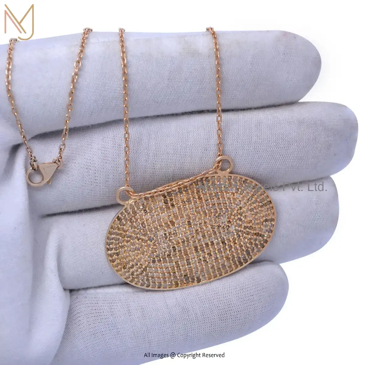 Wholesale 925 Silver Rose Gold Plated Pave Diamond Oval Disc Pendant Jewelry