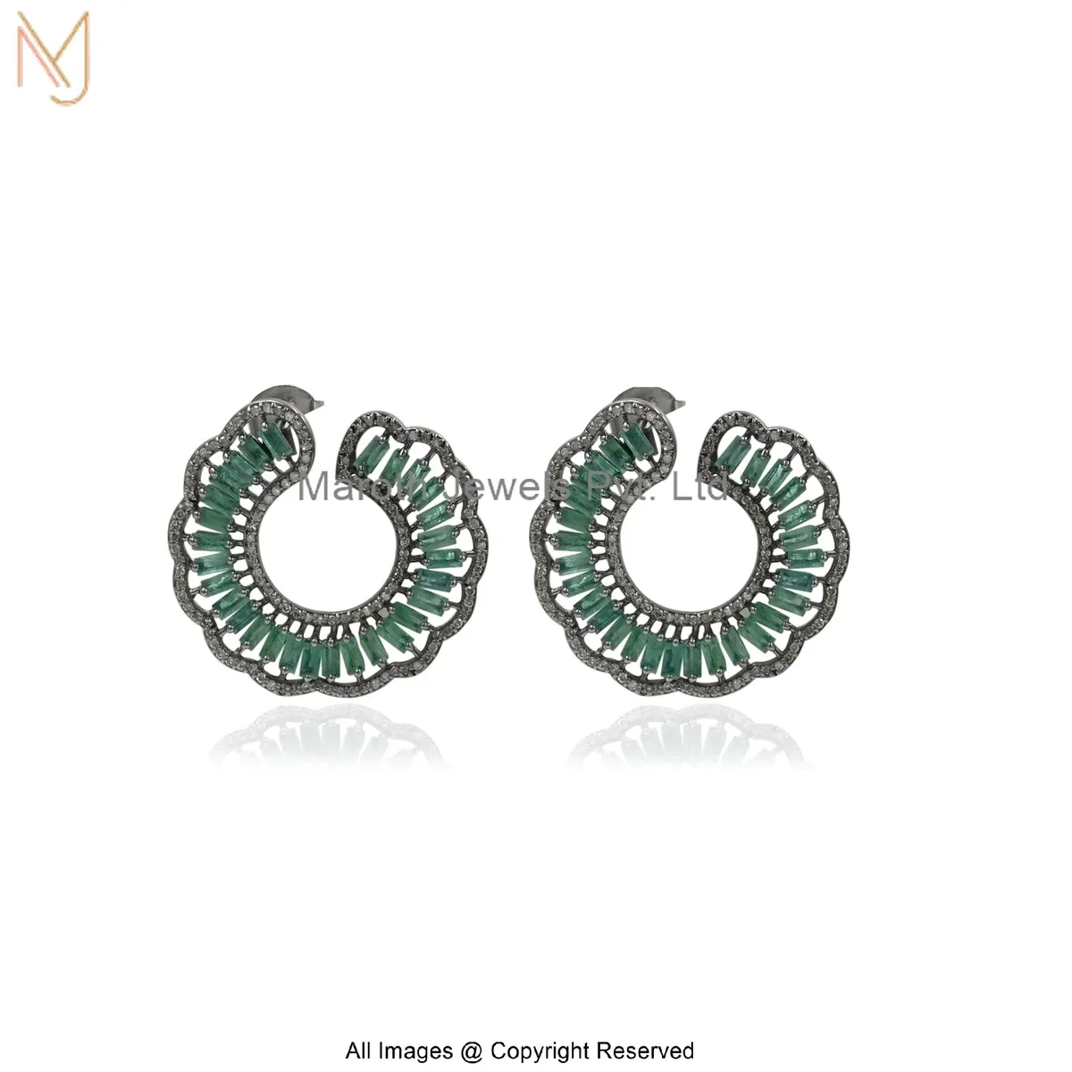 Private Lable 925 Silver Rhodium Plated Pave Diamond Emerald Oxidized Silver Green Baguette Hoop Earrings