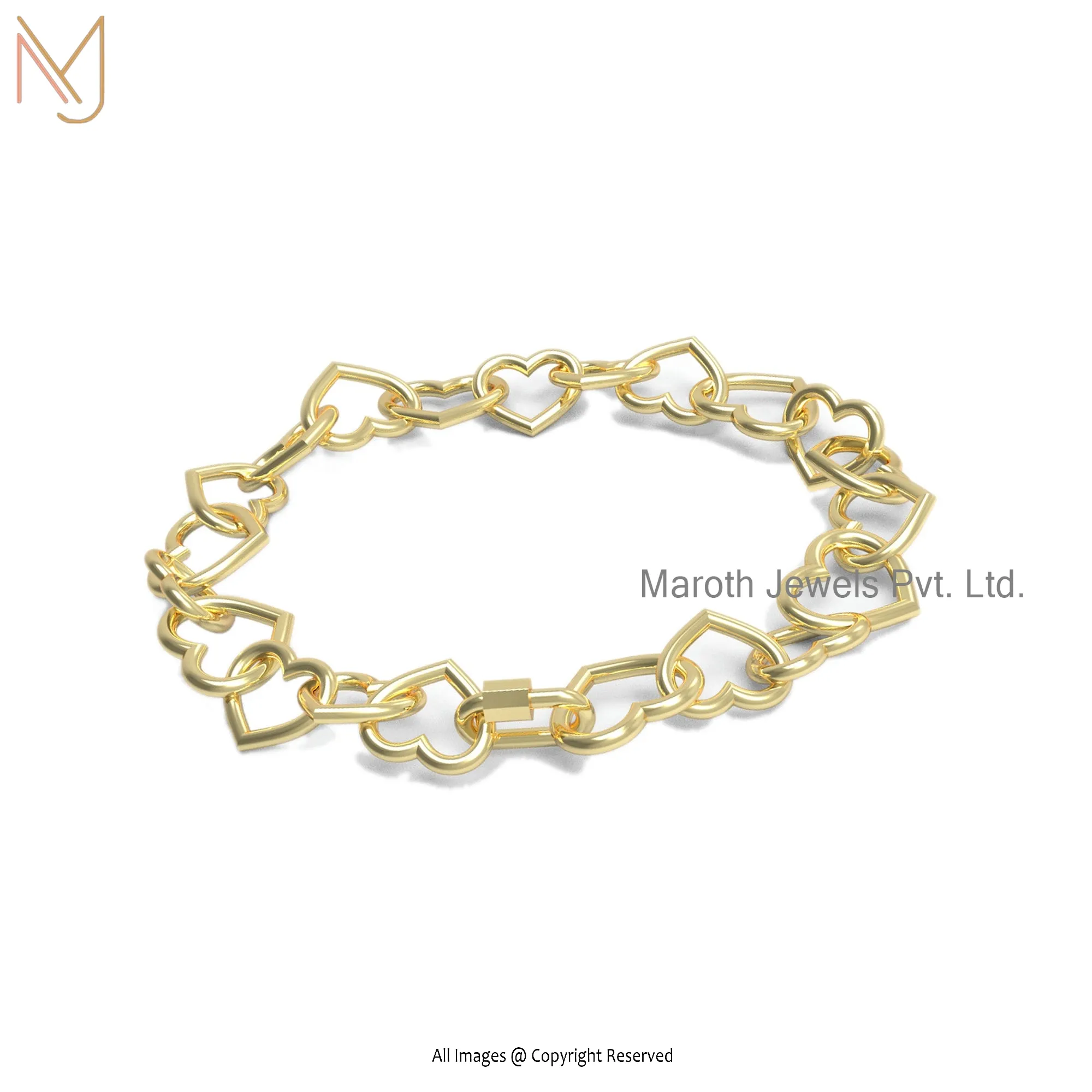 Private Label 14k Yellow Gold Heart And Carabiner Lock Bracelet