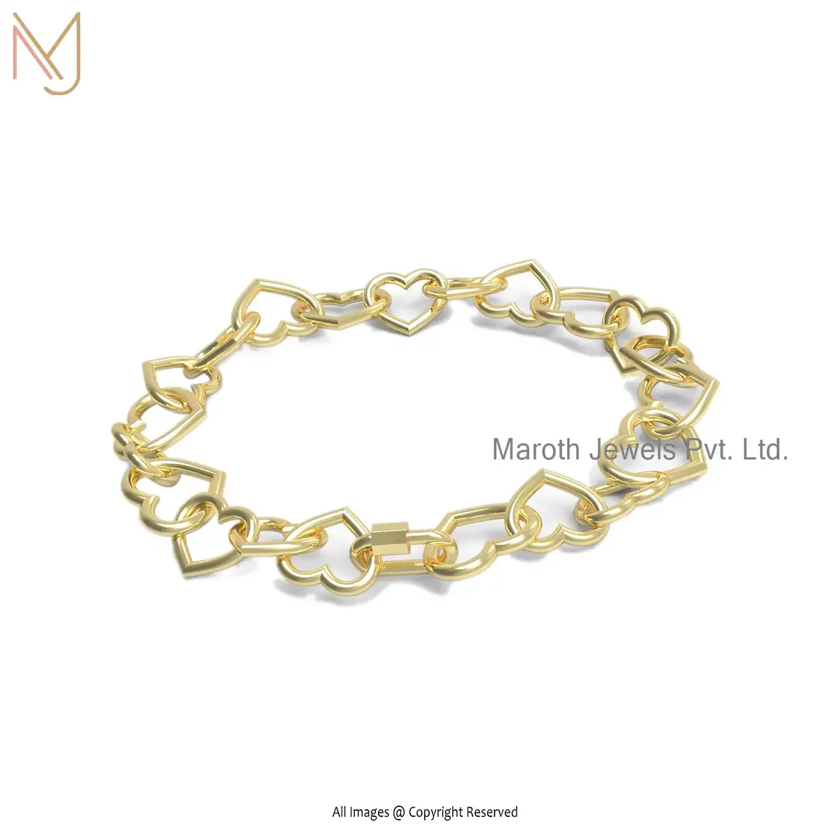 Private Label 14k Yellow Gold Heart And Carabiner Lock Bracelet