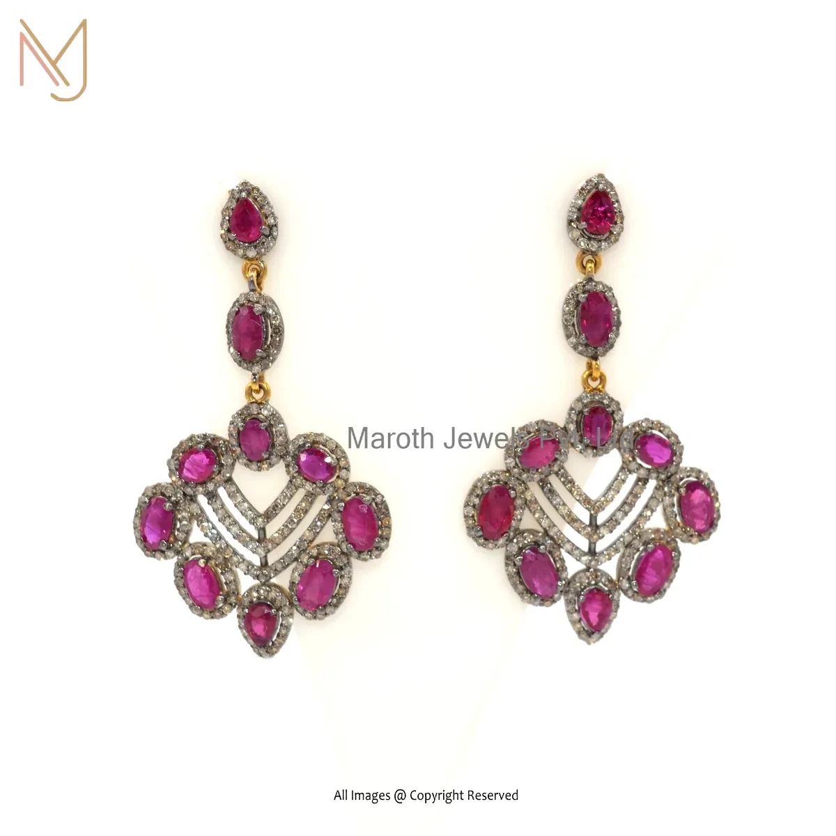 925 Silver Rhodium Yellow Gold Plated Pave Diamond Ruby Gemstone Dangle Earring Manufacturer