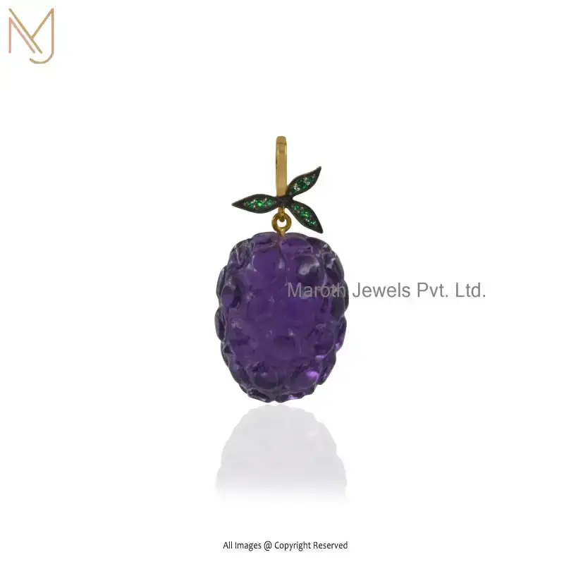 925 Silver Natural Silver Plated Amethyst And Green CZ Strawberry Pendant Manufacturer