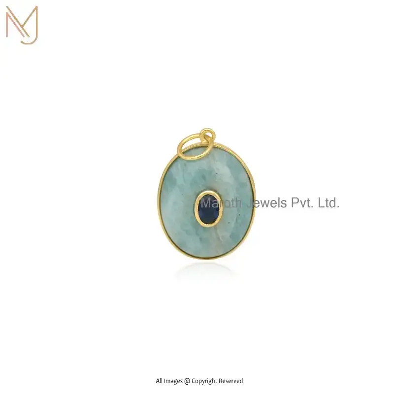 925 Silver Yellow Gold Plated Amazonite & Blue Topaz Oval Handmade Gemstone Pendant Jewelry Supplier