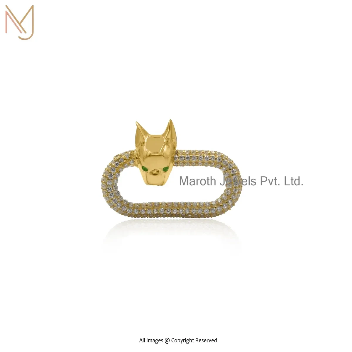Wholesale 925 Silver Yellow Gold Plated Cubic Zircon And Emerald Bulldog Skull Carabiner Lock