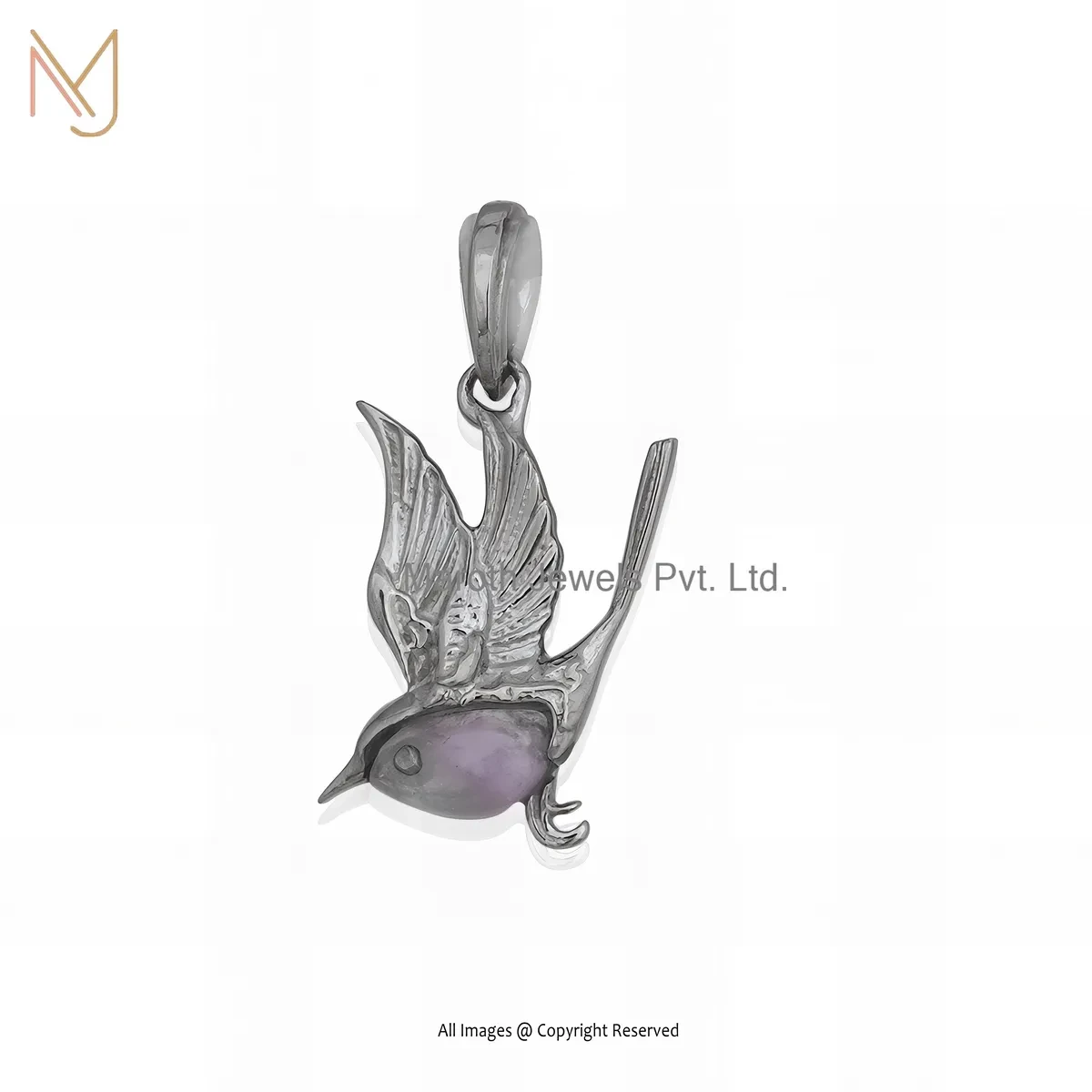 925 Silver Rhodium Plated Amethyst Gemstone Bird Pendant Custom Jewelry