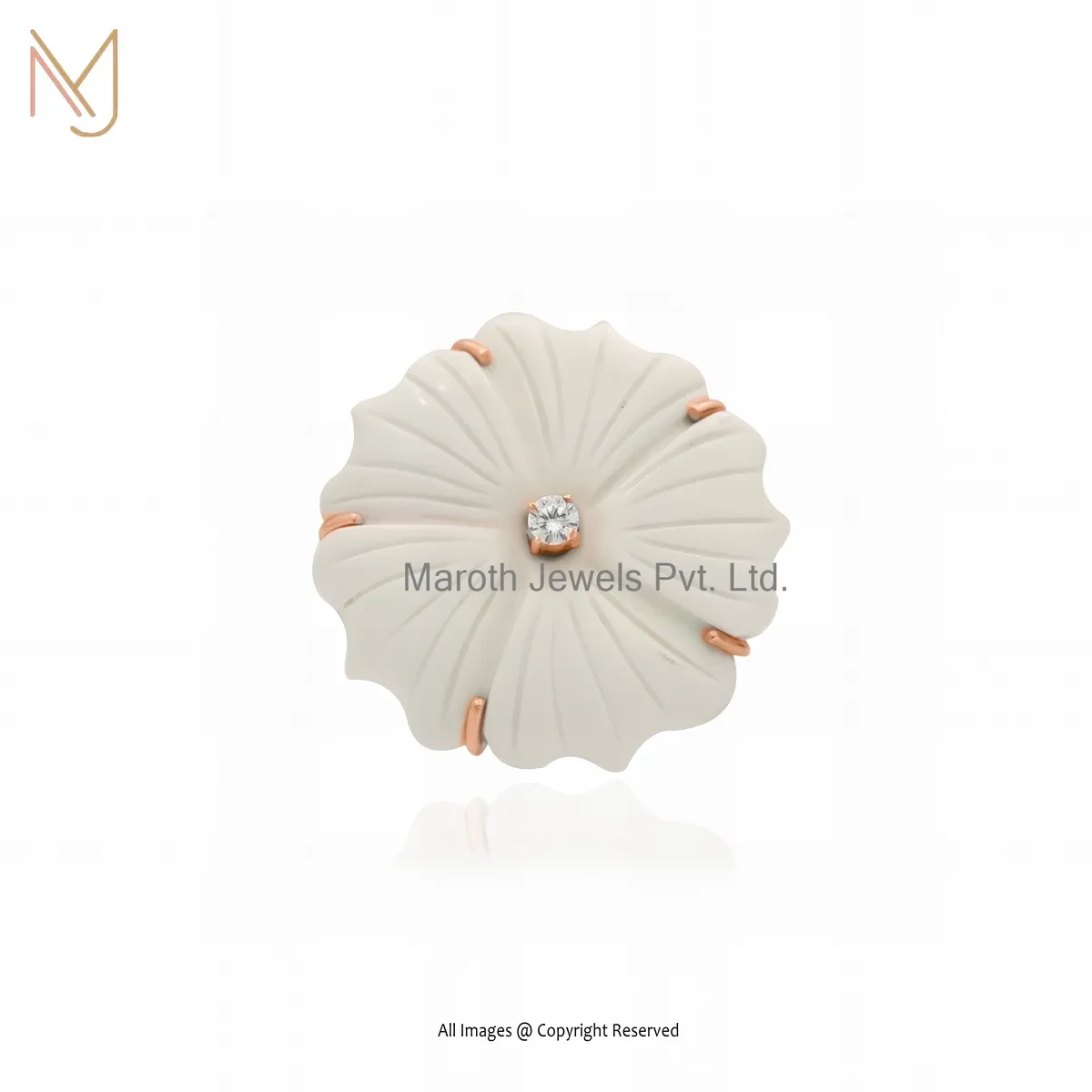 Private Lable 14K Rose Gold White Coral And Cubic Zircon Flower Ring