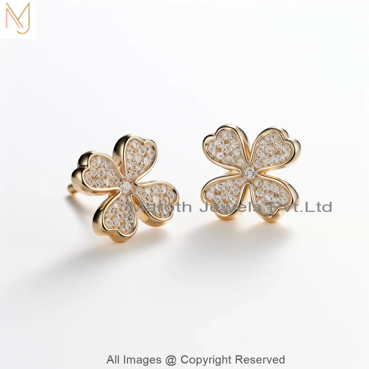 Private Lable 14K Yellow Gold Pave Diamond Moissanite Four Leaf Clover Stud Earring