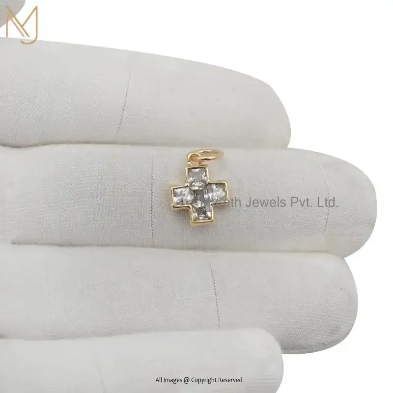 925 Sterling Silver Yellow Gold Plated Cubic Zircon Diamond Cross Pendant Custom Jewelry