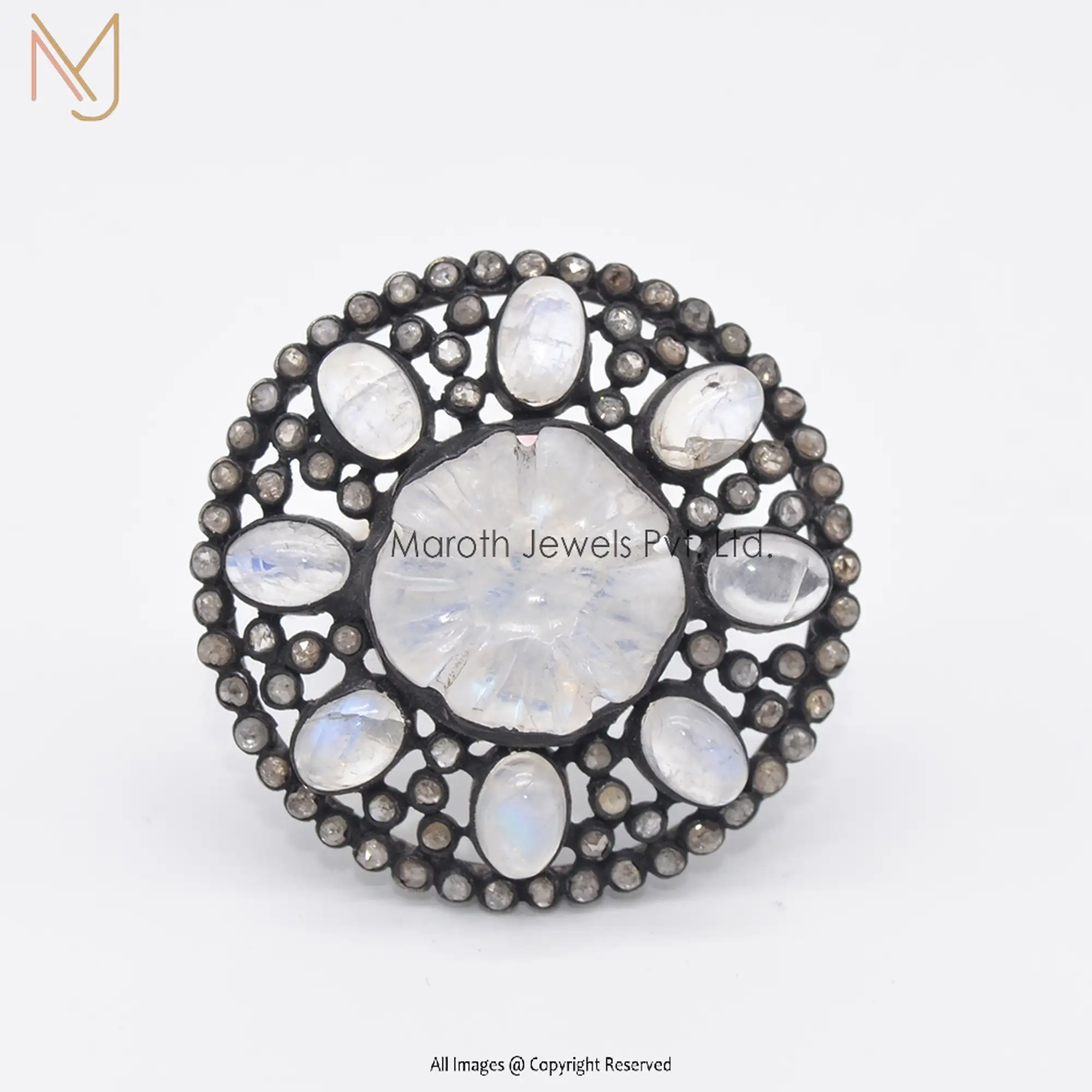 925 Silver  Rhodium Plated Pave Diamond Rainbow Moonstone Ring Jewelry Manufacturer