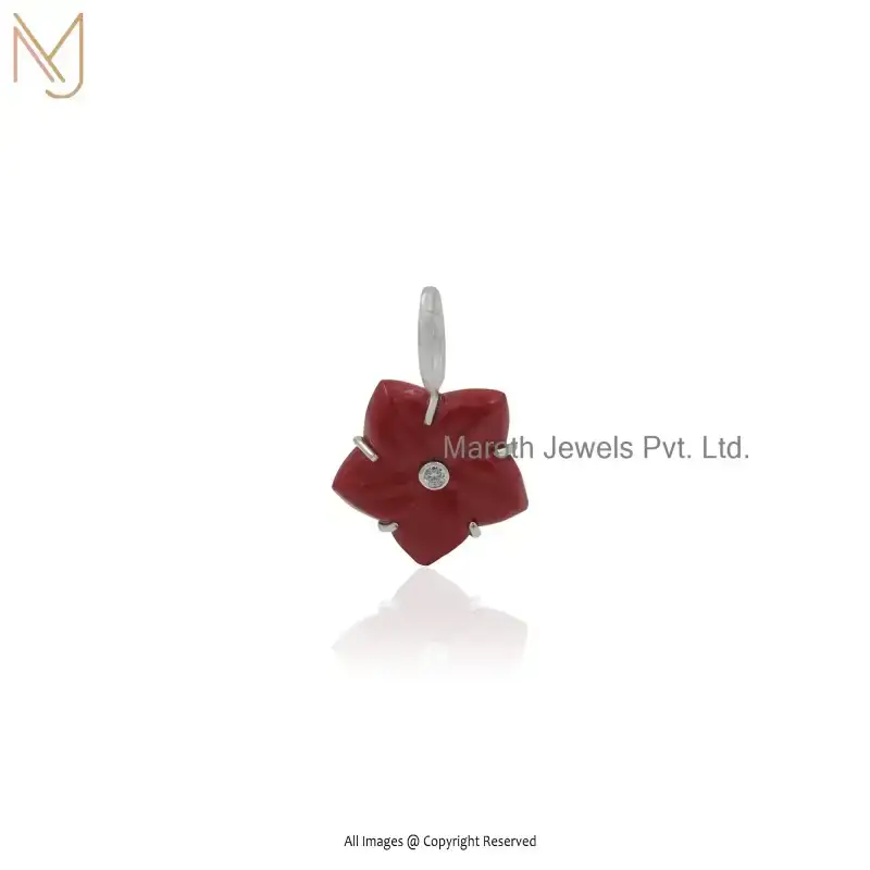 Wholesale 925 Silver Yellow Gold Plated Red Coral Flower Gemstone Pendant