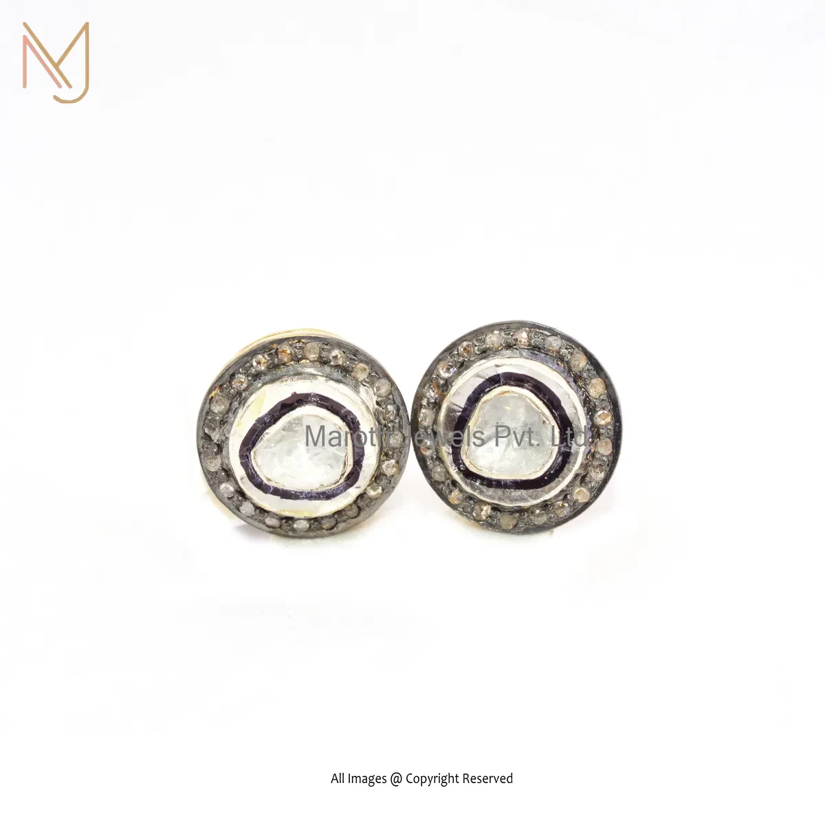 14K Yellow Gold Pave Diamond Rose Cut Polki Diamond Stud Earring Custom Jewelry