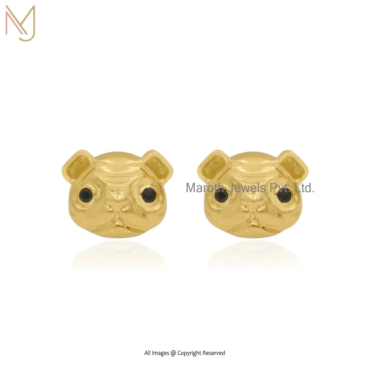 Wholesale 14K Yellow Gold Black Cubic Zircon Pug Face Stud Earring