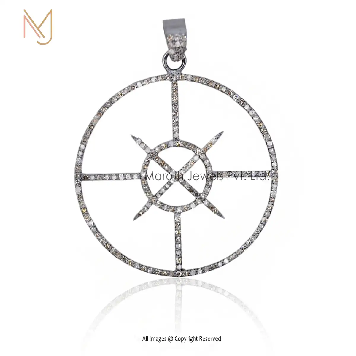 Private Label 14K White Gold Pave Diamond Compass Pendant Jewelry