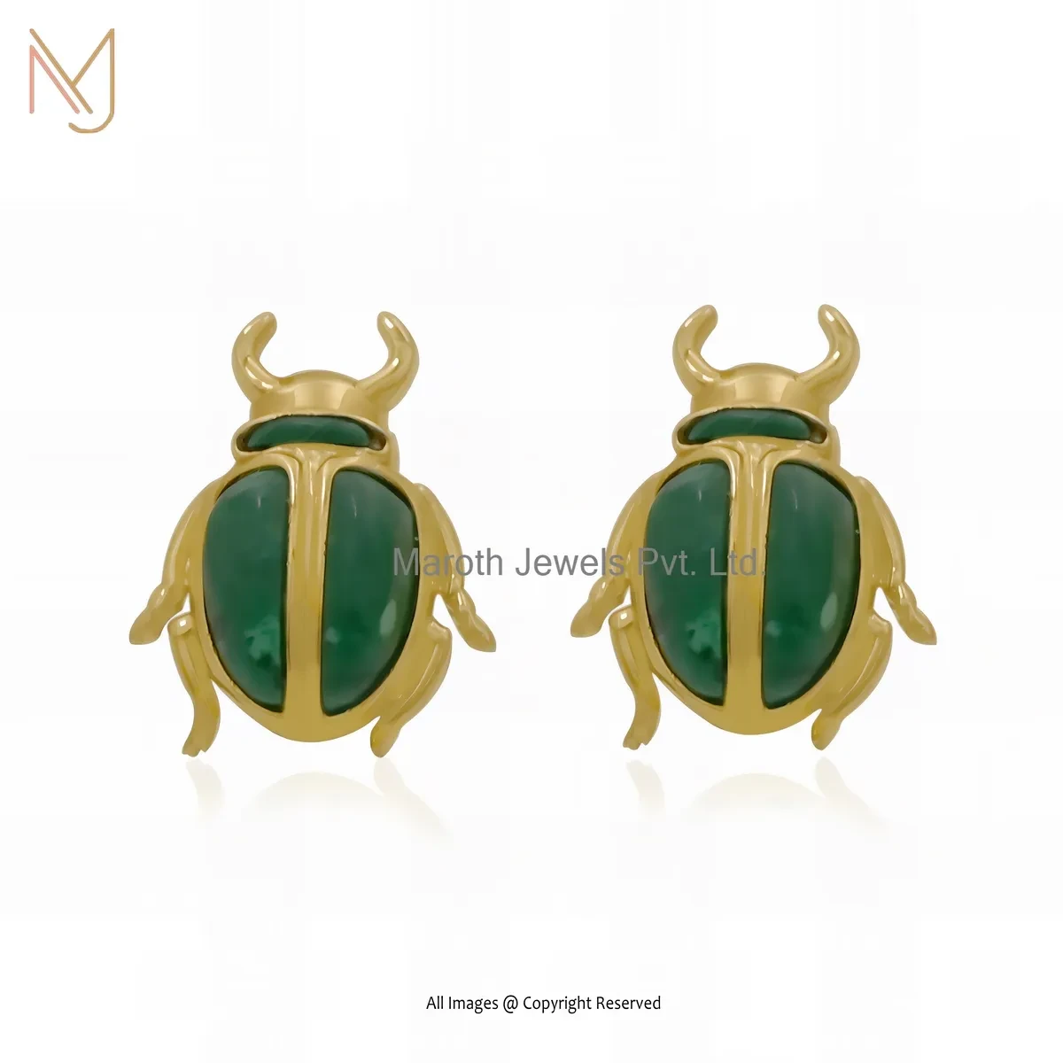 14K Yellow Gold Malachite Scarab Stud Earring Jewelry Supplier