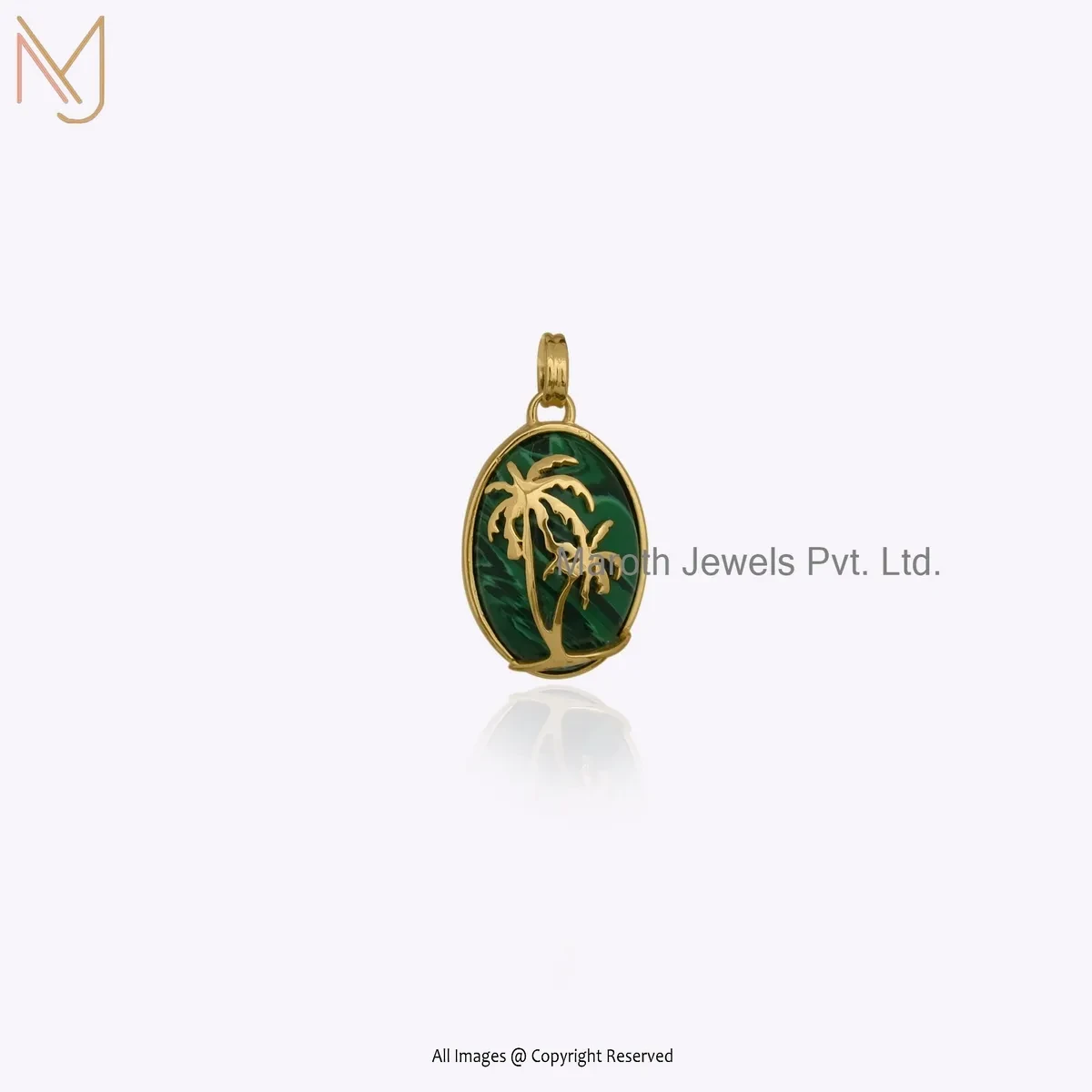 Wholesale 14K Yellow Gold Malachite Island Palm Tree Oval Pendant