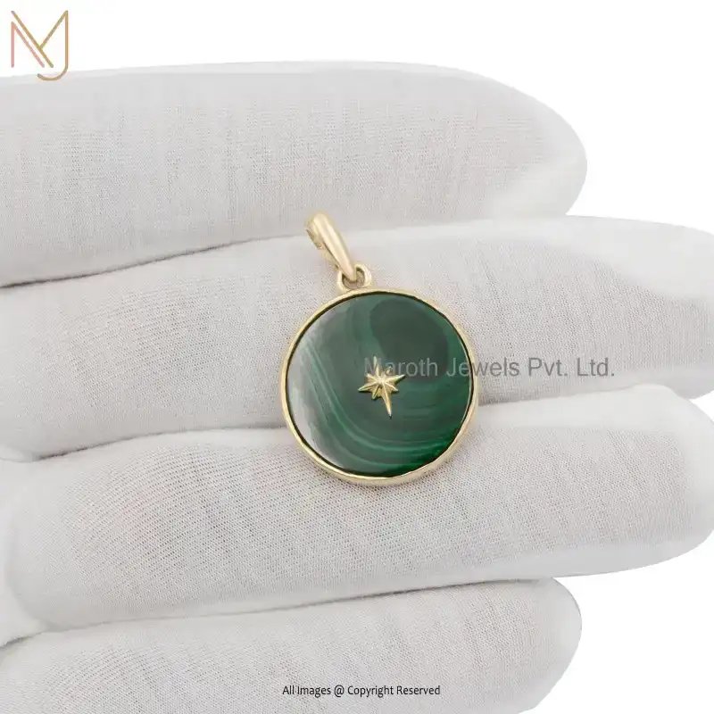 Private Lable 14K Yellow Gold Lapiz Luzali Gemstone Starburst Disc Pendant