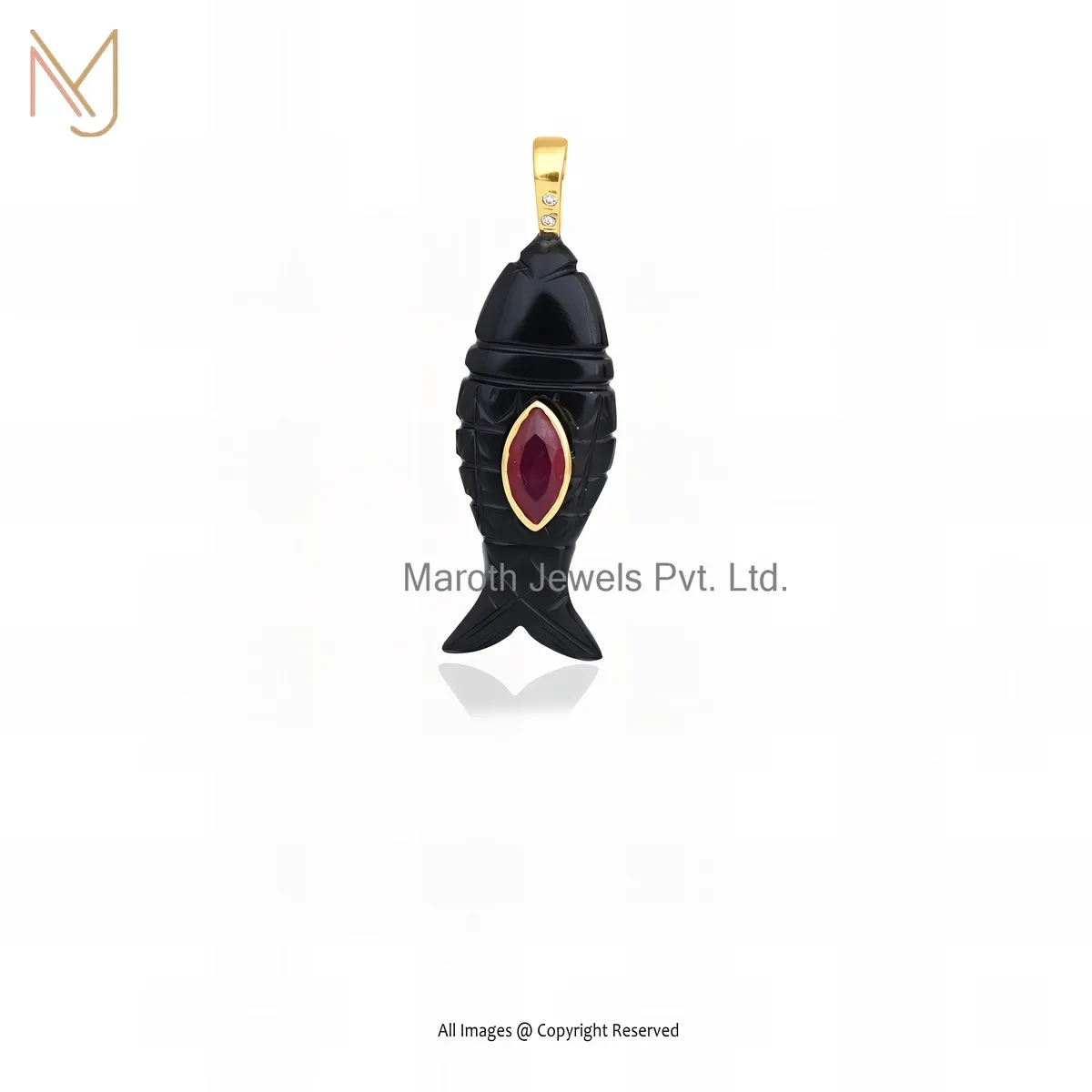 14K Yellow Gold Black Onyx And Ruby Cubic Zircon Fish Pendant Custom Jewelry