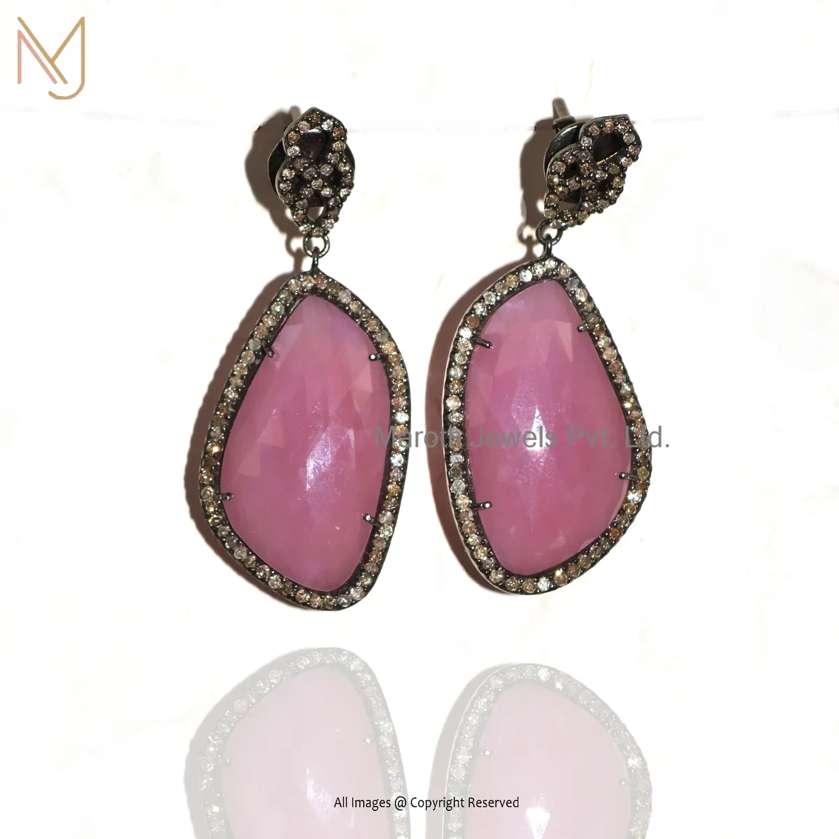 14K White Gold Pave Diamond Rose Quartz Drop Earring Jewelry Supplier