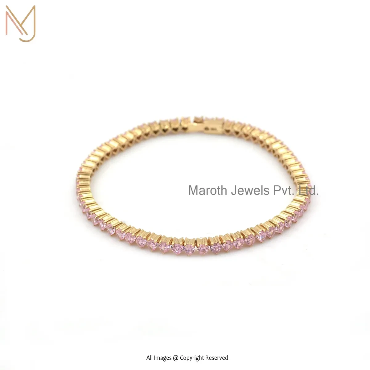 Private Lable 14K Yellow Gold Pink Sapphire Heart Tennis Bracelet