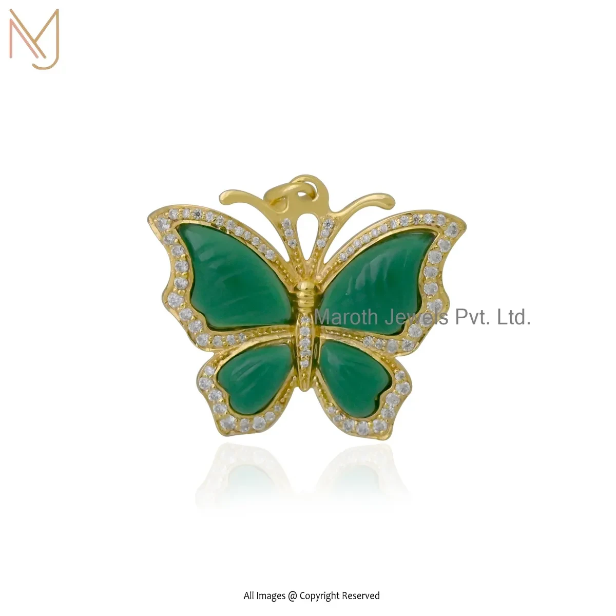 Private Lable 14K Yellow Gold Green Agate And Moissanite Butterfly Pendant