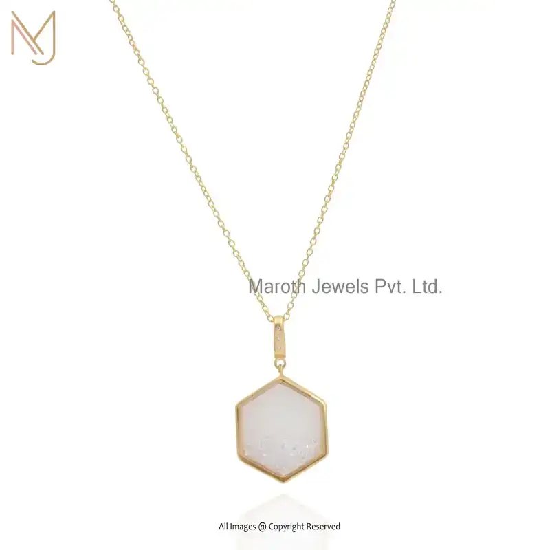 925 Silver Yellow Gold Plated Diamond Crystal Quartz Handmade Hexagon Shell Pendant USA