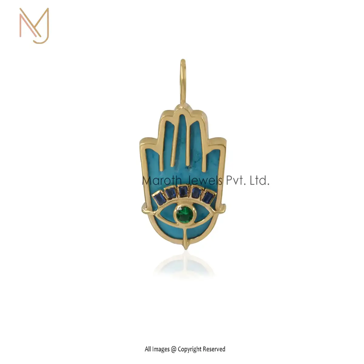 14K Yellow Gold Turquoise & Cubic Zircon Baguettes Hamsa Hand Pendant USA