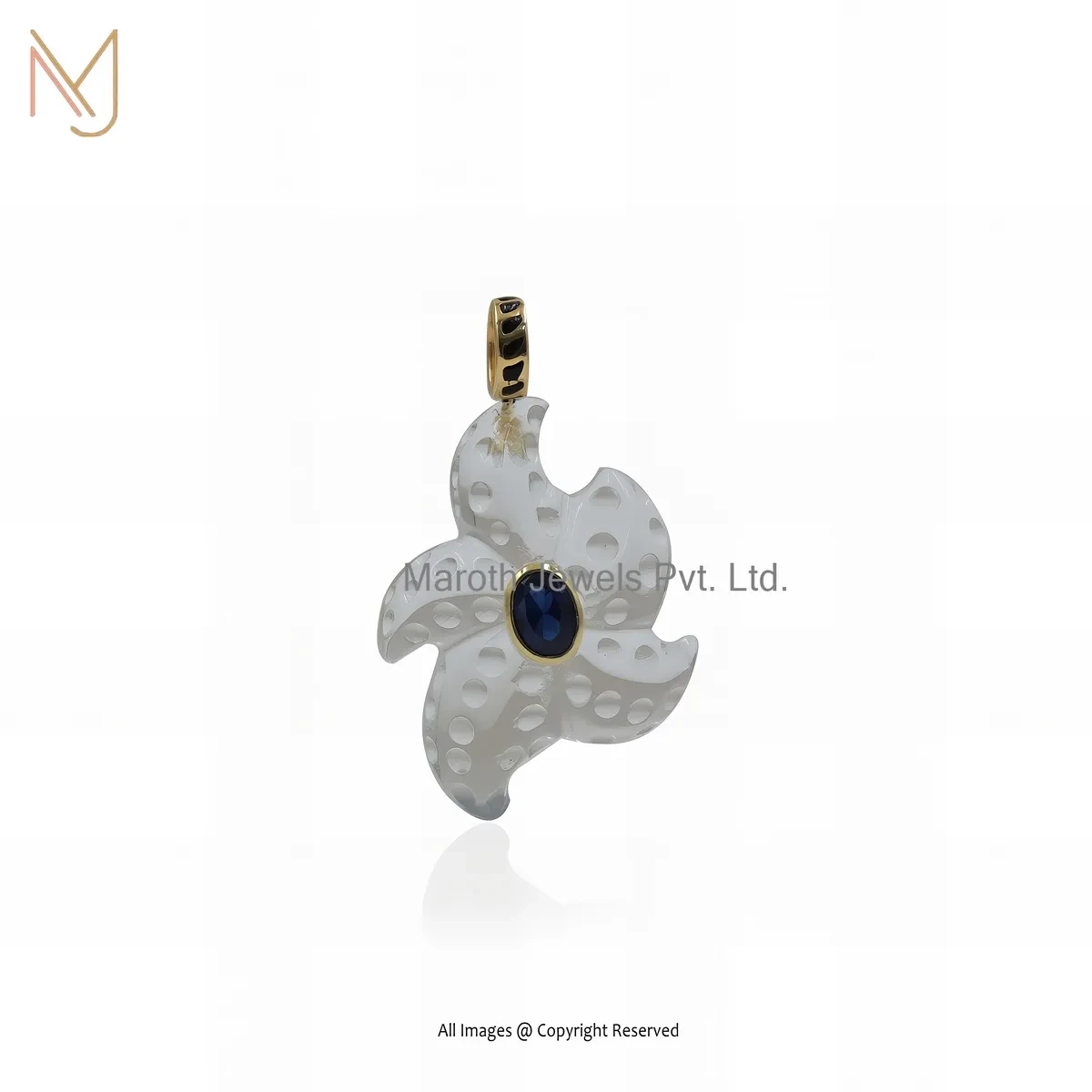 14K Yellow Gold Cubic Zircon & Clear Quartz Gemstone Black Enamel Starfish Pendant USA