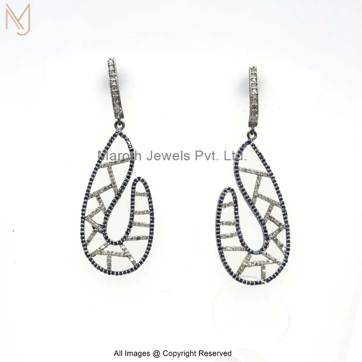 925 Silver Rhodium Plated Blue Sapphire Pave Diamond Drop Earrings Manufacturer