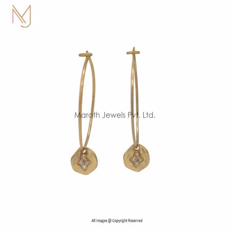 14K Yellow Gold Pave Diamond Hoop Disc Charm Earrings Manufacturer