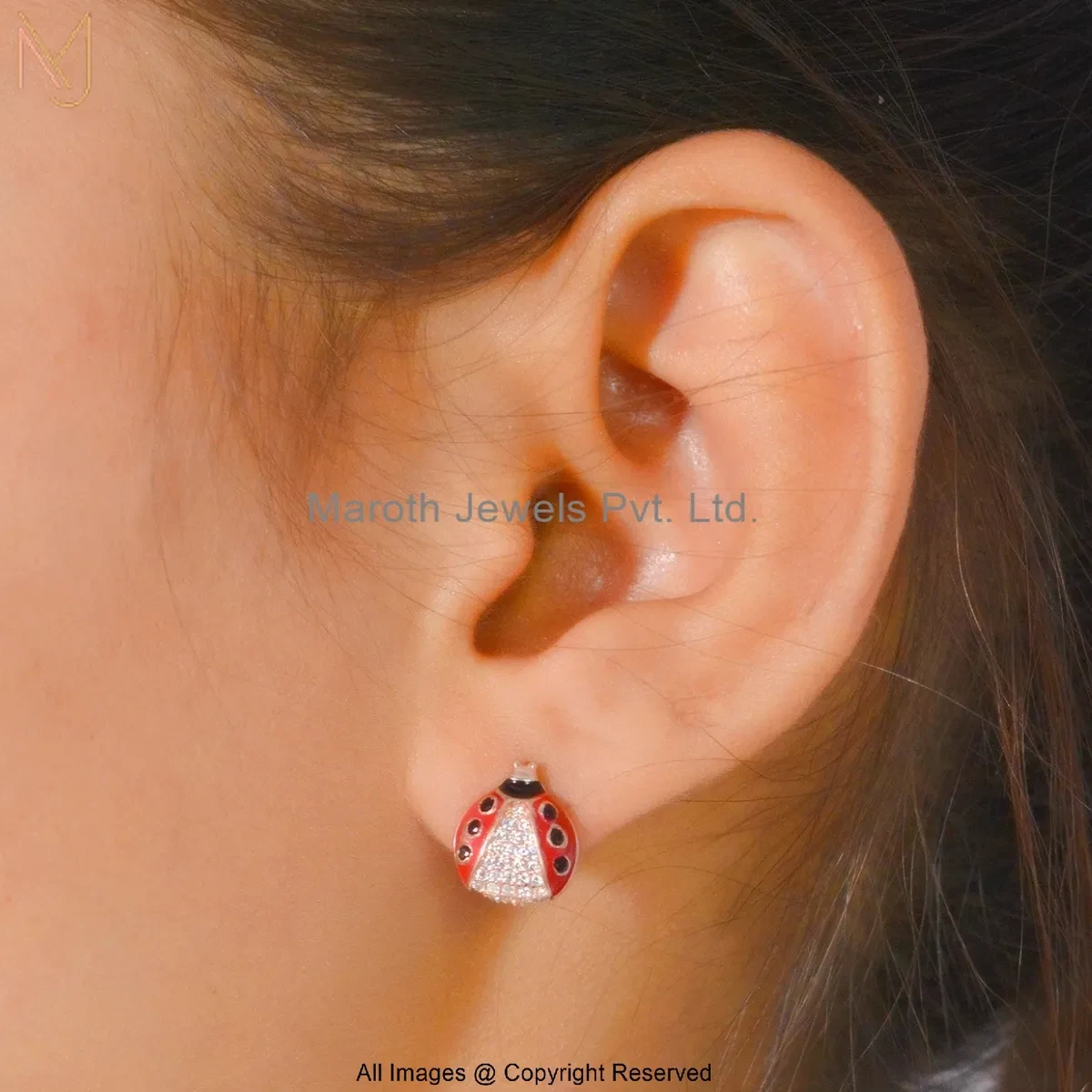 925 Silver Rose Gold Plated Cubic Zircon Red Enamel Ladybug Stud Earring Jewelry Supplier