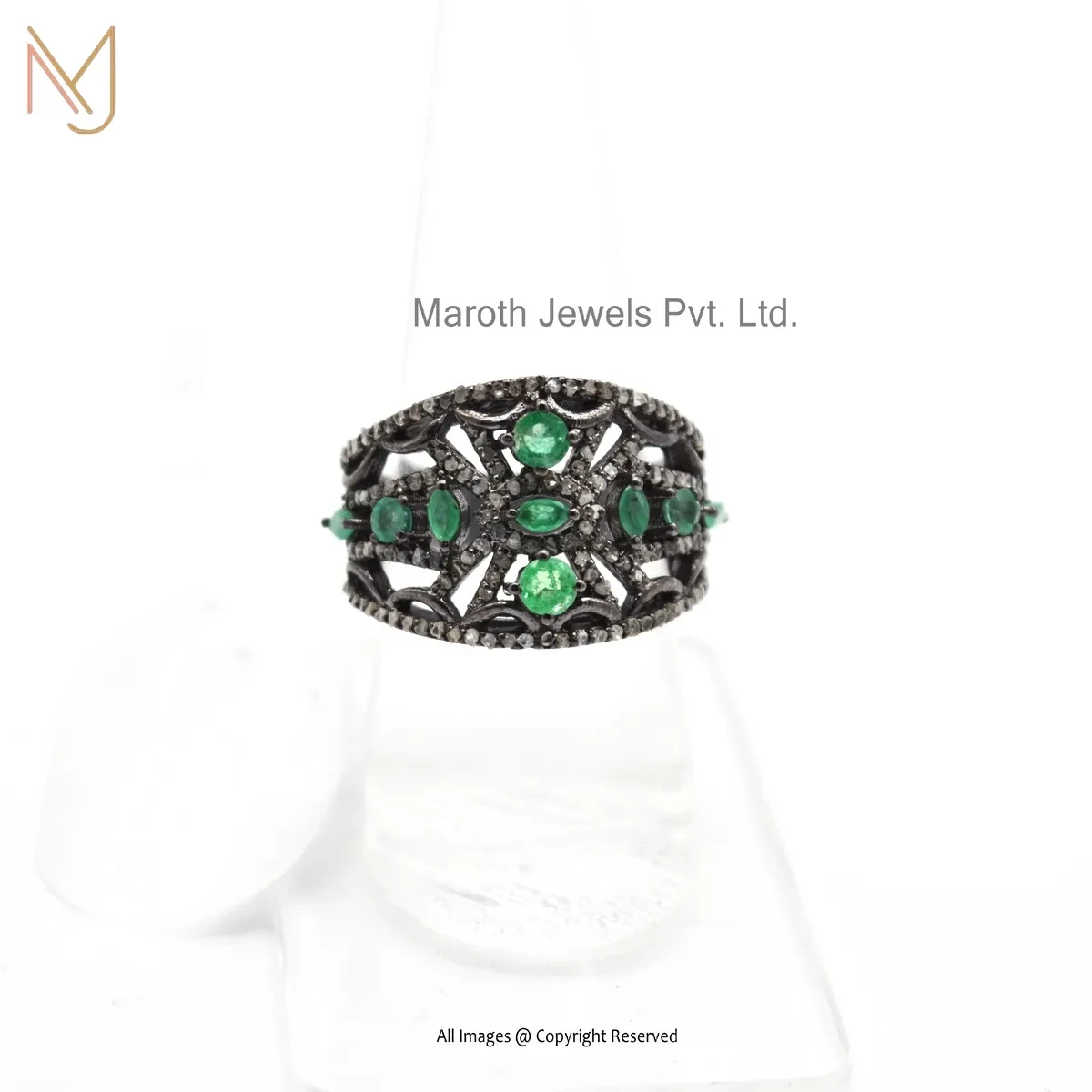 Wholesale 925 Silver Rhodium Plated Pave Diamond And Emerald Diamond Leaf Ring