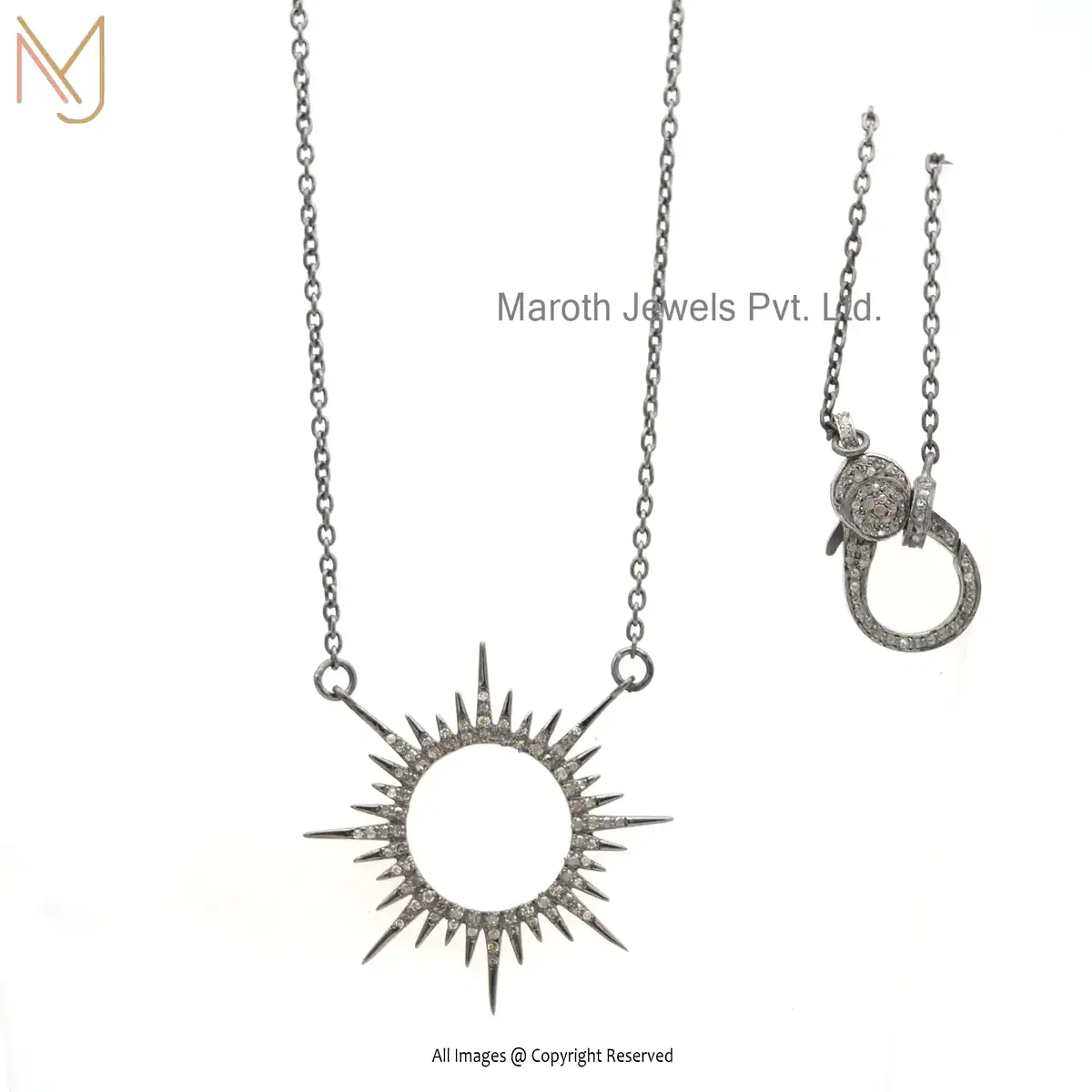Private Label 925 Silver Black Rhodium Diamond Starburst Pendant Snap Lock Chain Necklace