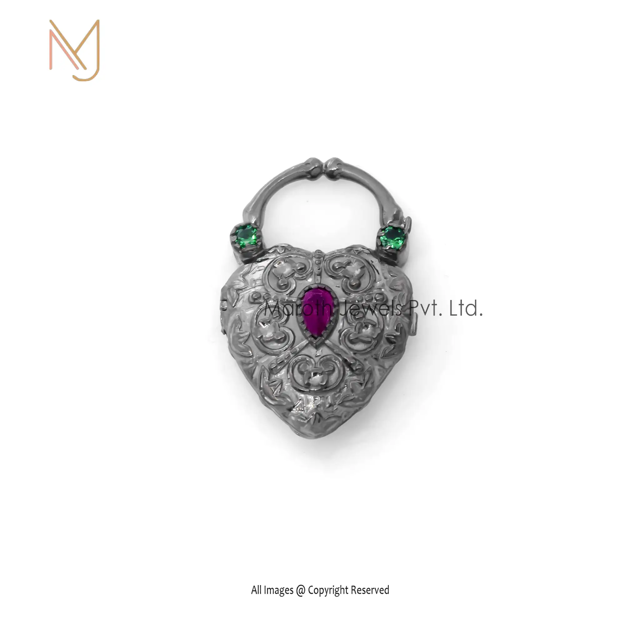 925 Silver White Topaz, Pink & Green Onyx Heart Padlock Only Manufacturer