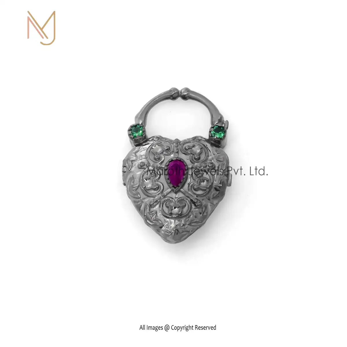 925 Silver Yellow Gold Plated CZ & Ruby Green Onyx Heart Padlock Pendant Jewelry USA