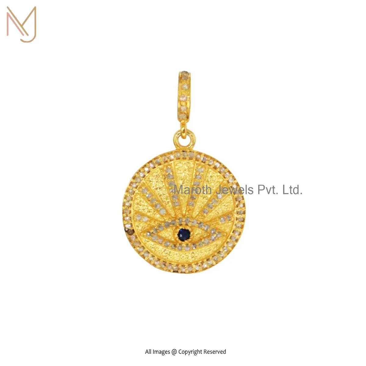 Private Lable 925 Silver Yellow Gold Plated Pave Diamond Evil Eye Sunbeam Medallion Pendant